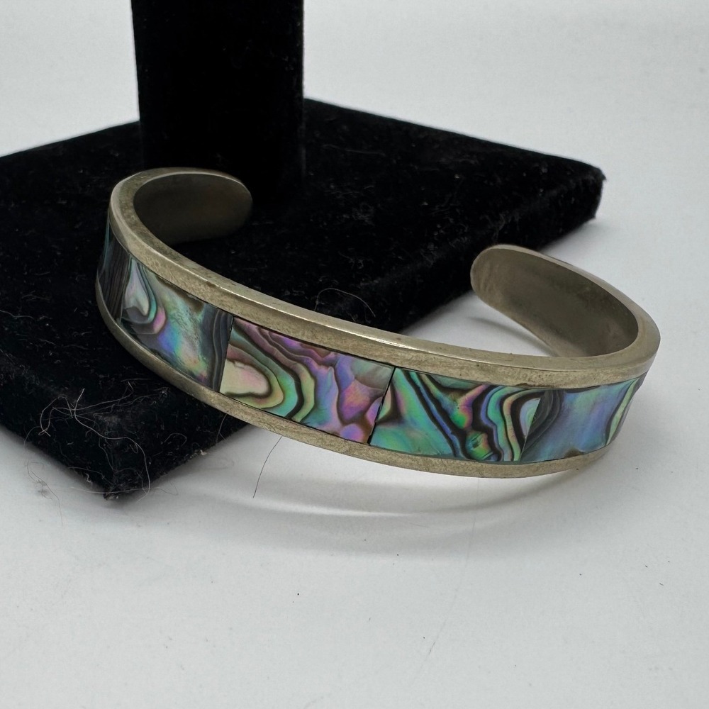 Vintage Alpaca Silver Abalone Shell Inlay Cuff Bracelet Iridescent Mexico Style